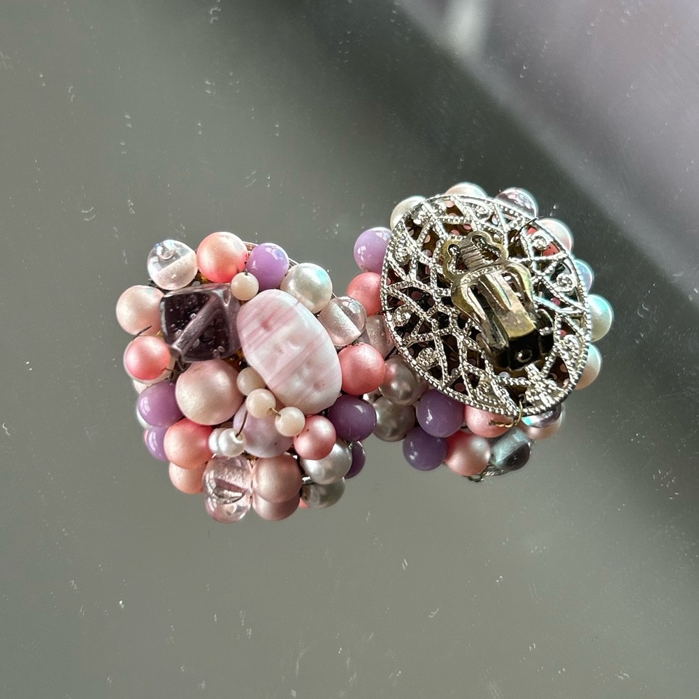 Pink & Purple Beaded Stone Clip-on Earrings made from Japan